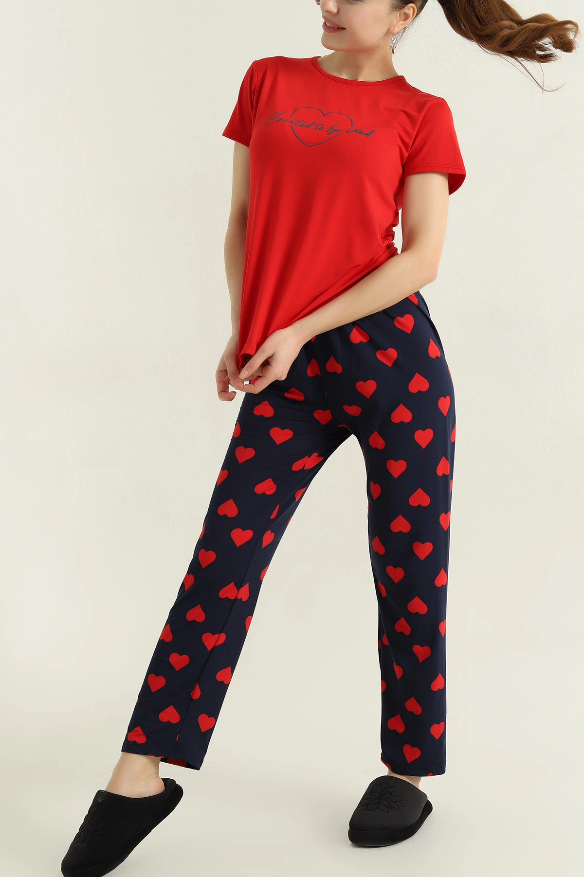 Kırmızı Baskılı Viskon Kadın Pijama Takımı 347347