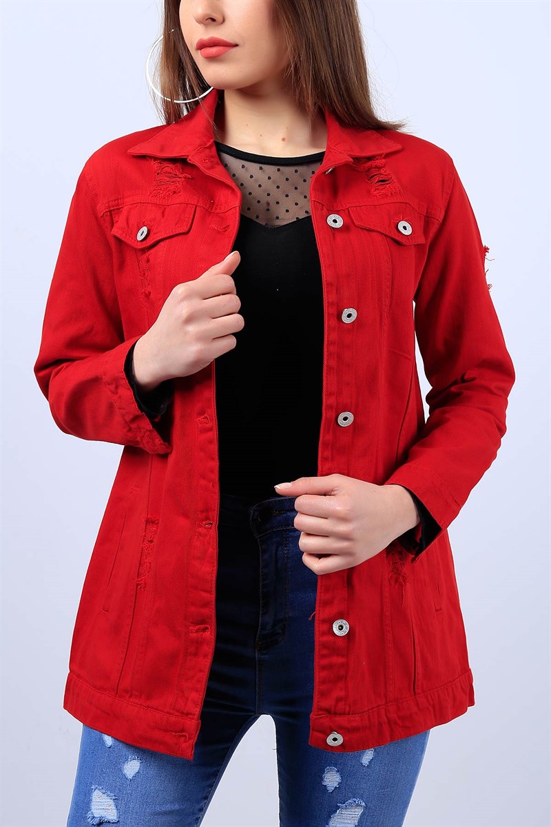 Kırmızı Bayan Yırtık Kot Ceket 11501B