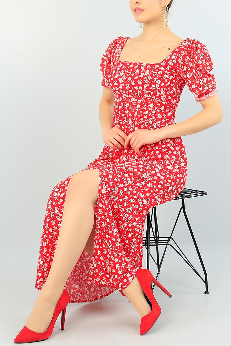 Kırmızı Beli Gipeli Yırtmaçlı Dokuma Elbise 65070
