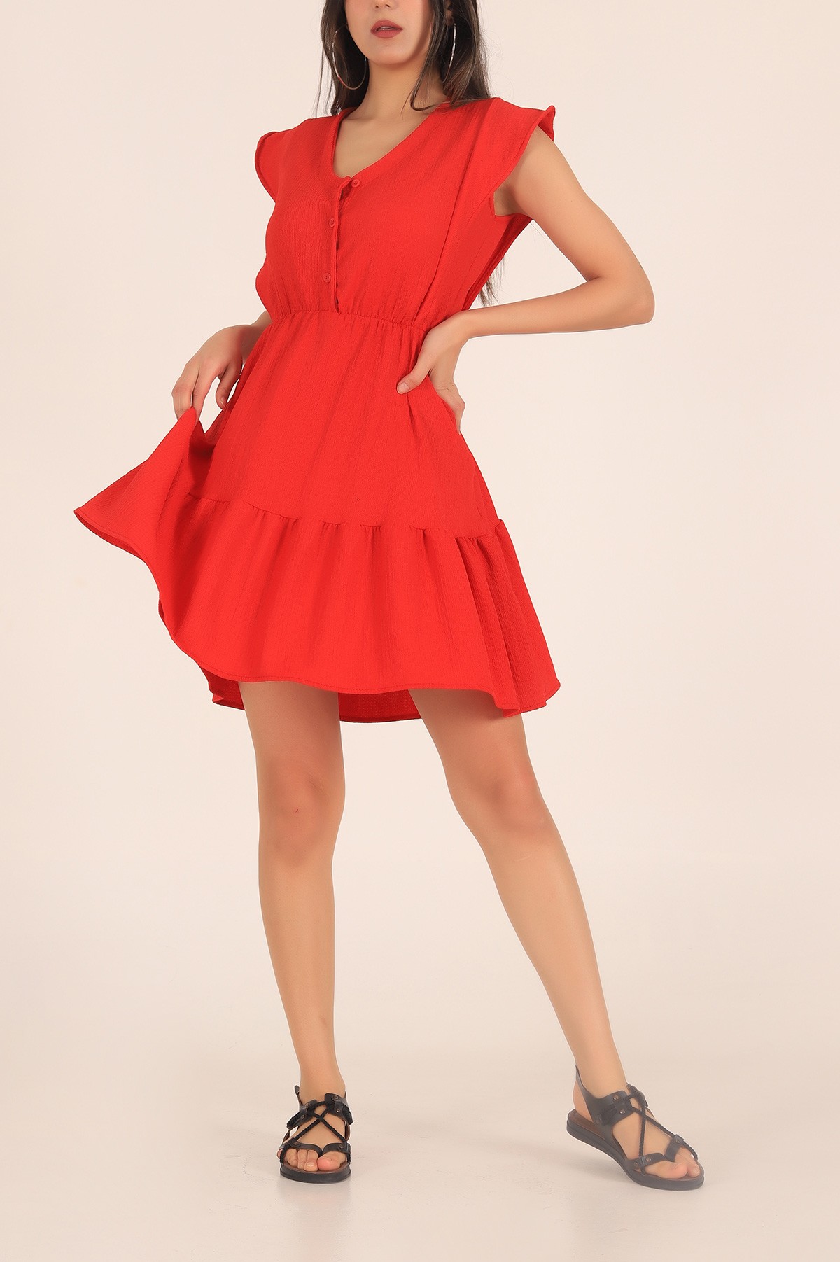 Kırmızı Beli Lastikli Bürümcük Elbise 168797