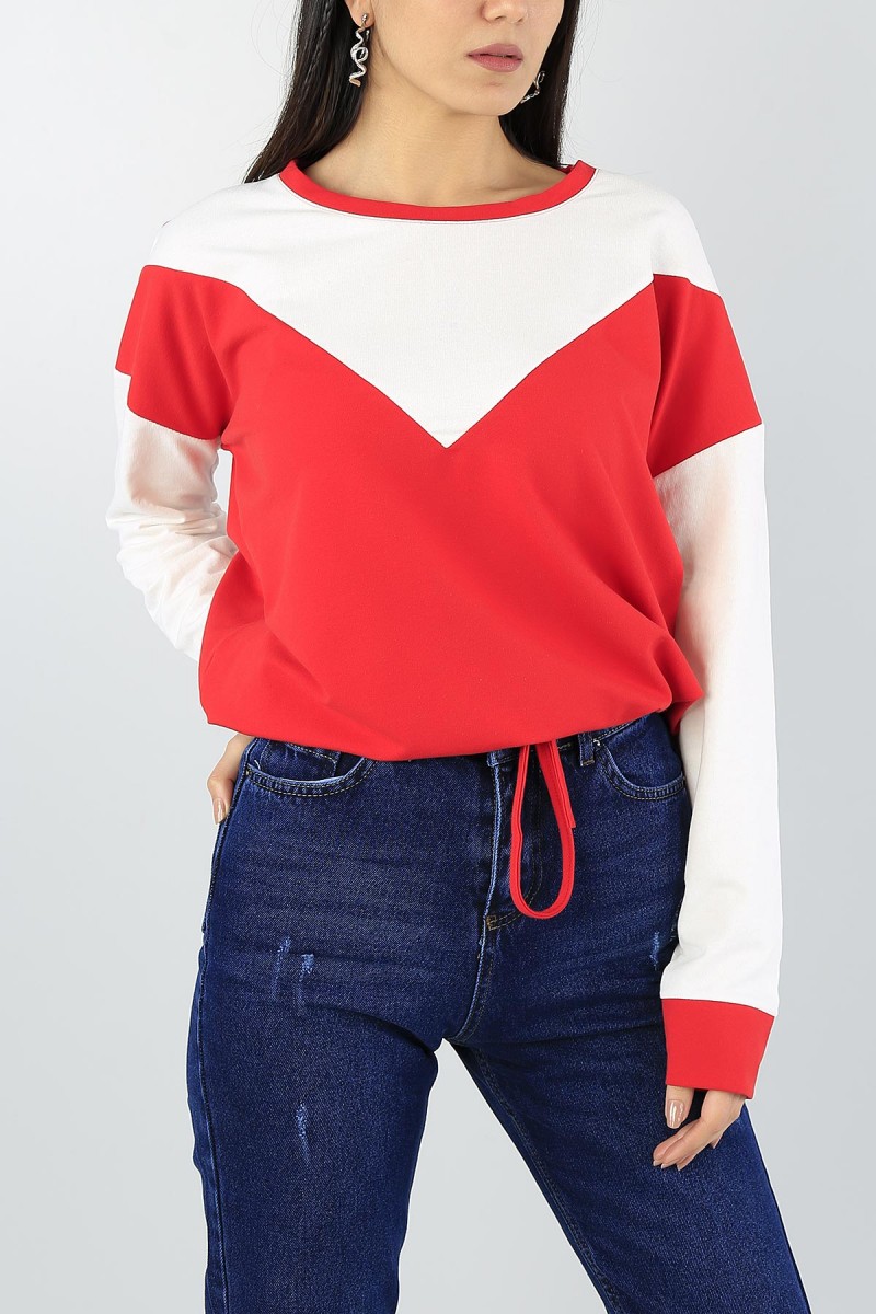 Kırmızı Beli Sıkmalı Bayan Sweat 55548