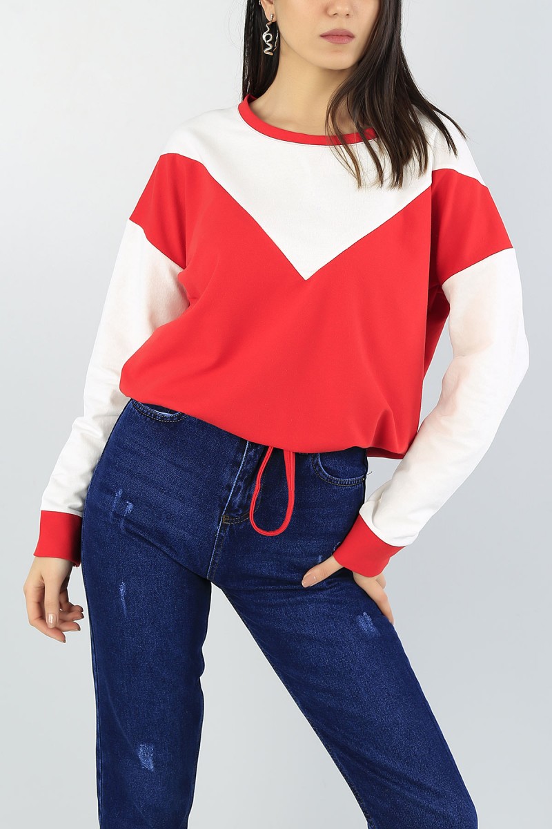 Kırmızı Beli Sıkmalı Bayan Sweat 55548