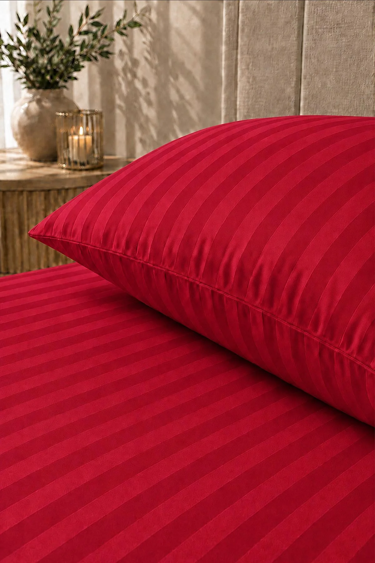 Kırmızı Bella Home 100x200 Cm Tek Kişilik Çizgili Saten Çarşaf Seti 482995