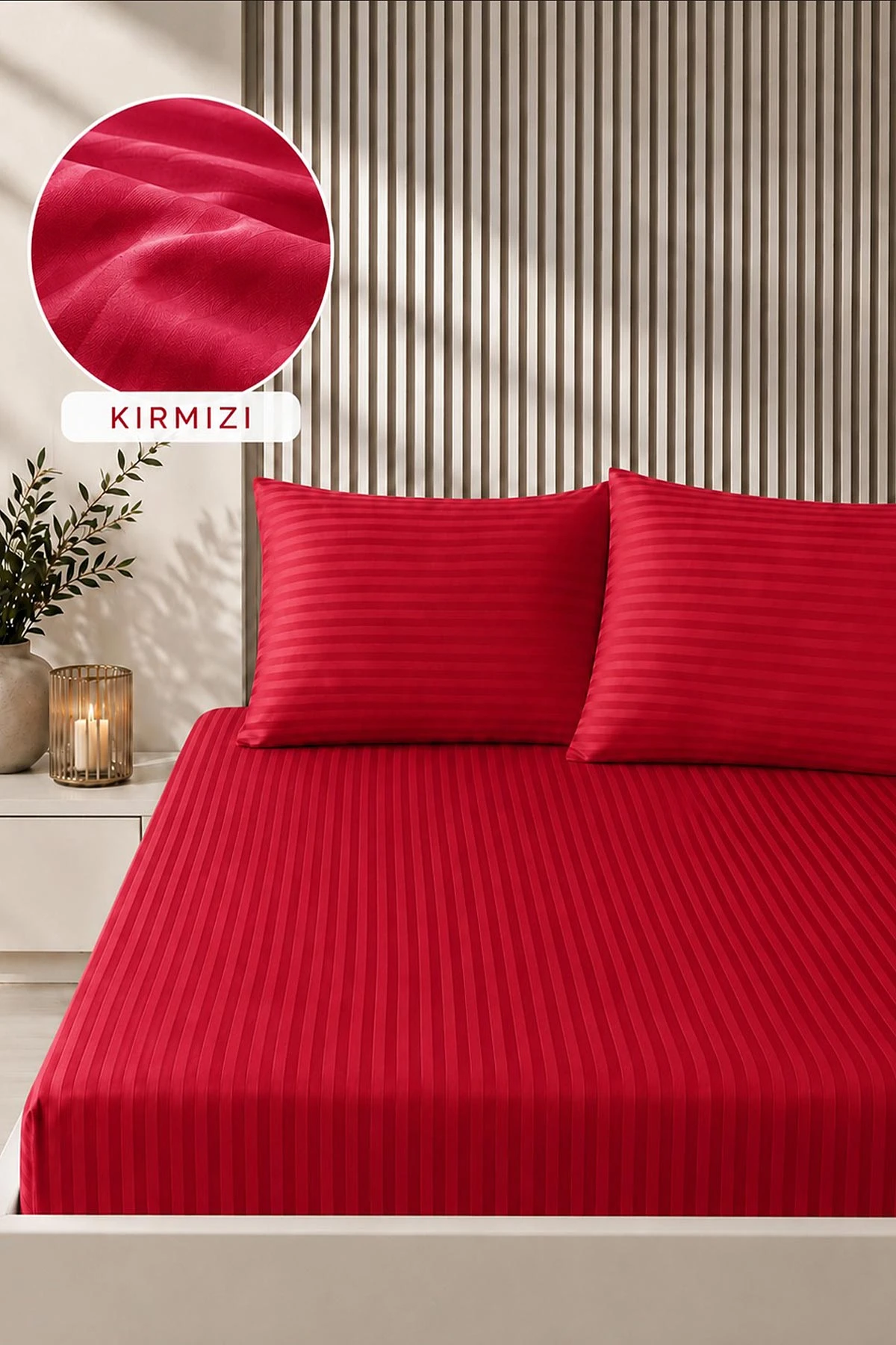 Kırmızı Bella Home 160x200 Cm Çift Kişilik Çizgili Saten Çarşaf Seti 483025