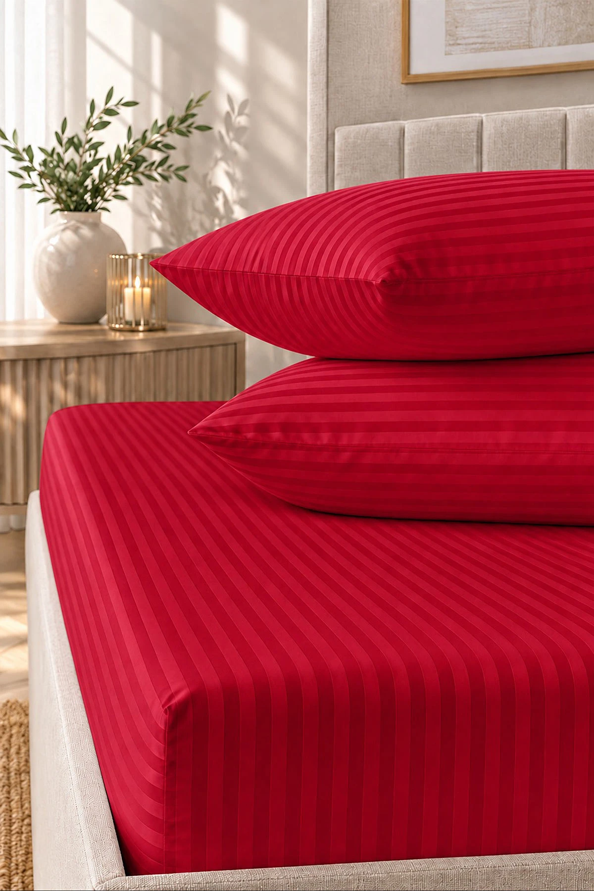 Kırmızı Bella Home 160x200 Cm Çift Kişilik Çizgili Saten Çarşaf Seti 483025