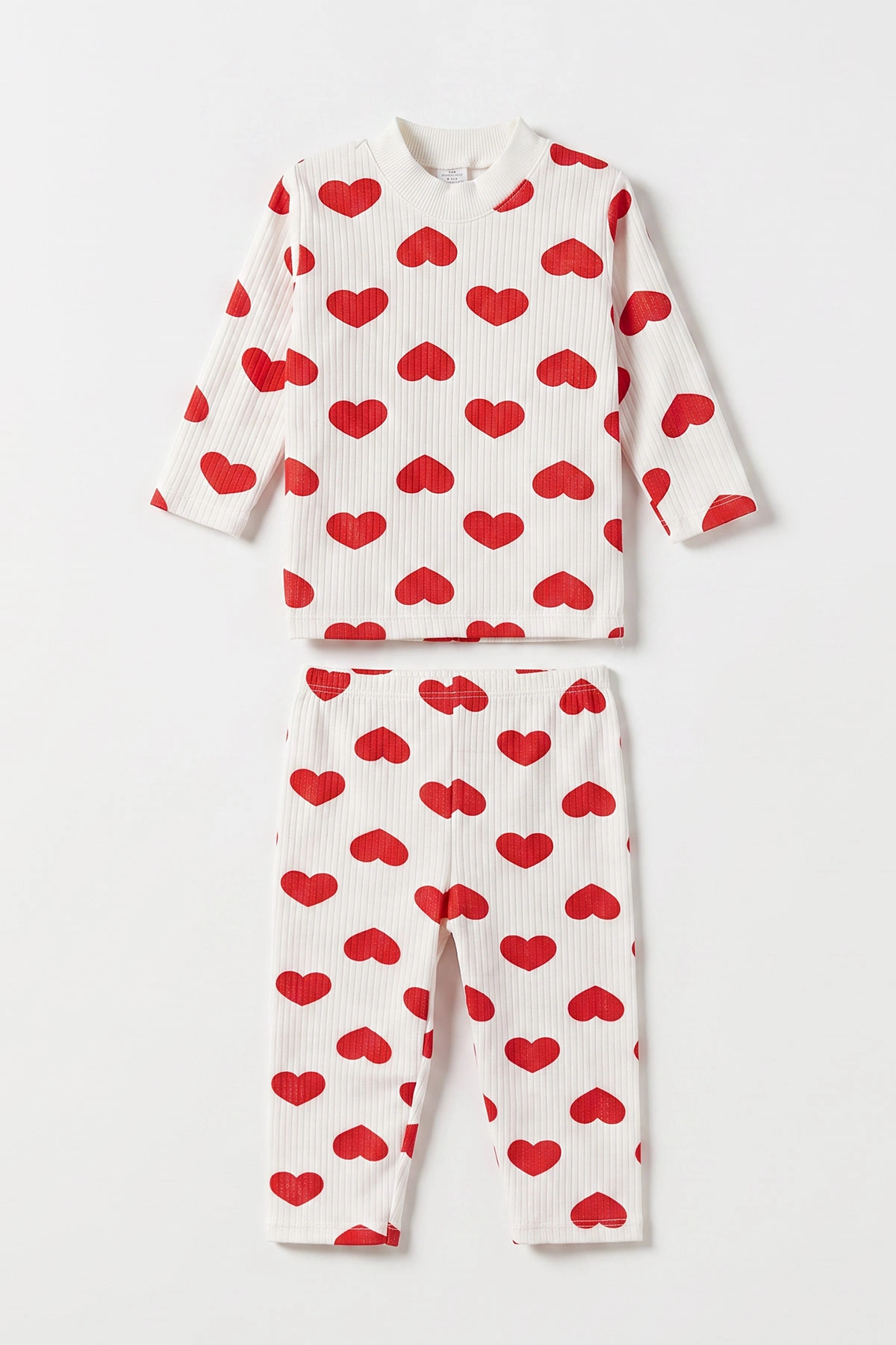 Kırmızı Beyaz   (1-3 Yaş) Kalp Desenli  Raporlu Kız Çocuk Pijama Takım 477351