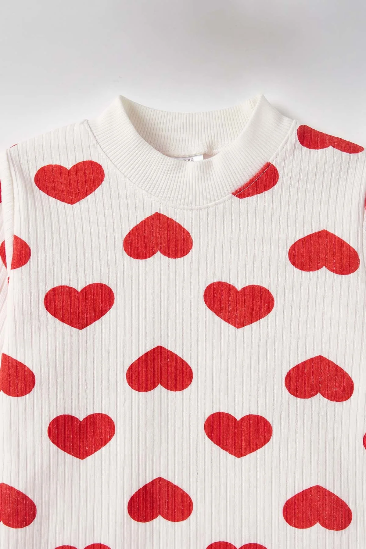 Kırmızı Beyaz   (1-3 Yaş) Kalp Desenli  Raporlu Kız Çocuk Pijama Takım 477351