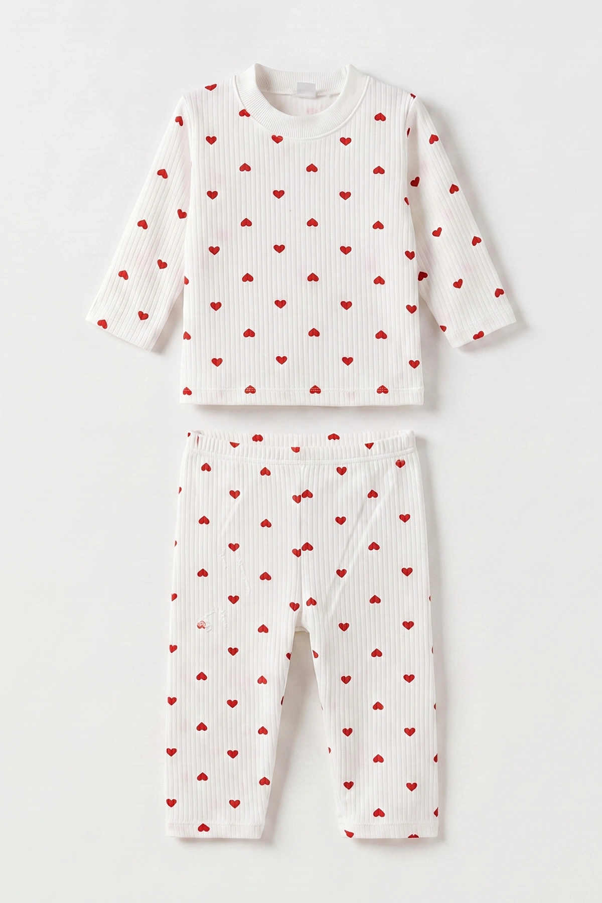 Kırmızı Beyaz   (1-3 Yaş) Küçük Kalp Desenli  Raporlu Kız Çocuk Pijama Takım 477355