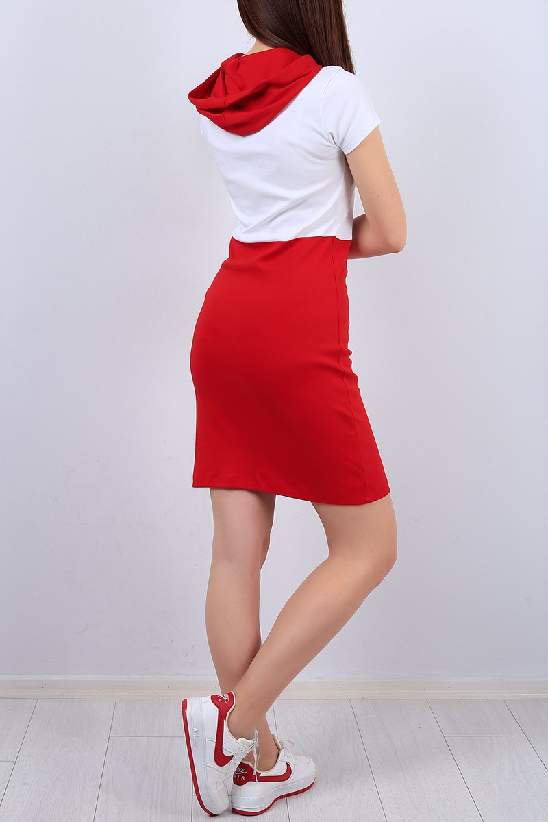 Kırmızı Beyaz Çift Renk Kapüşonlu Elbise 12879B