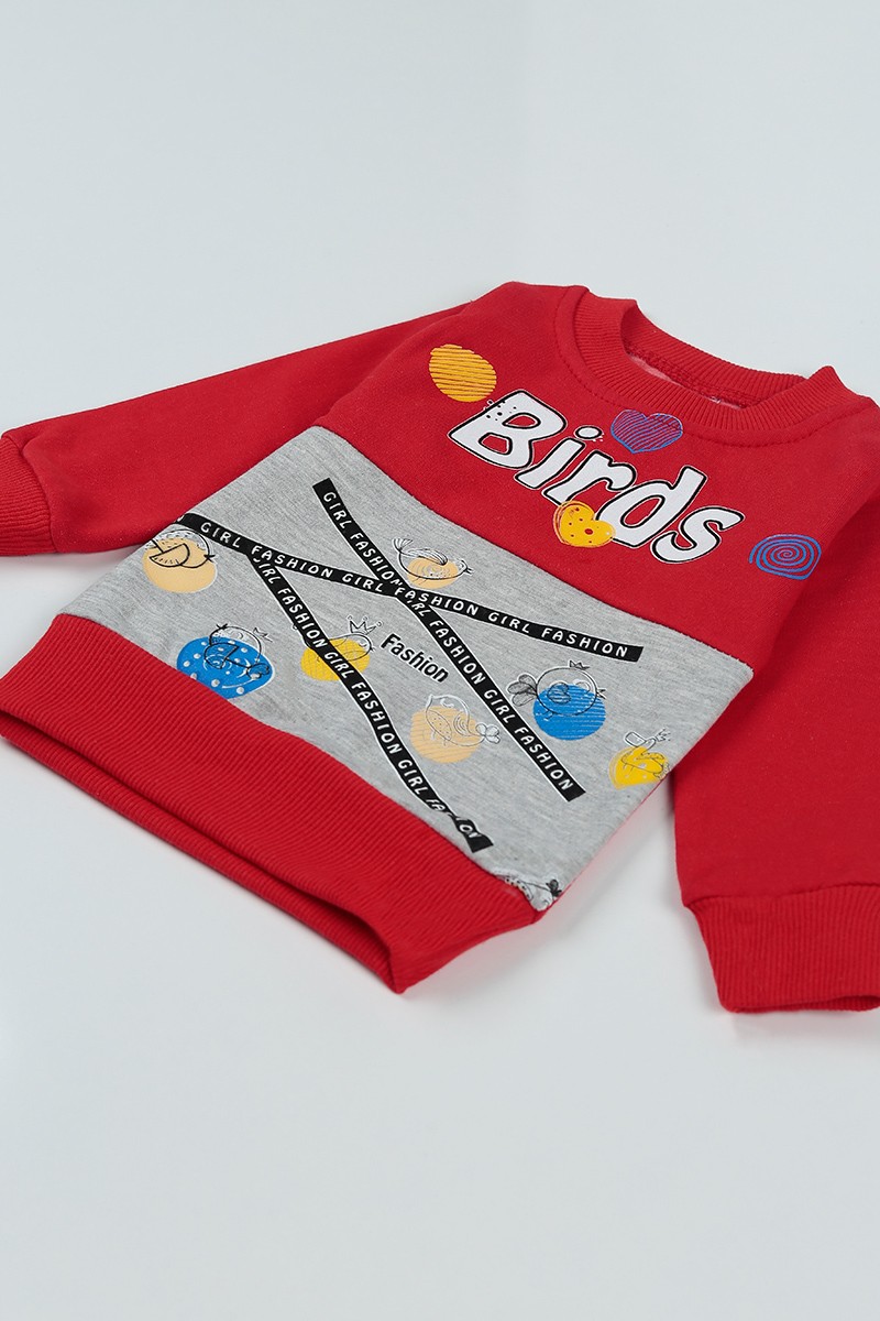 Kırmızı Birds Baskılı İçi Şardonlu Kız Çocuk Sweatshirt 80607