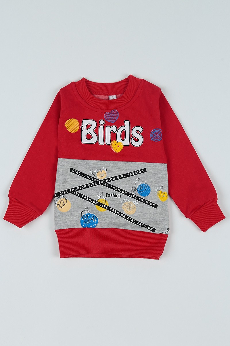 Kırmızı Birds Baskılı İçi Şardonlu Kız Çocuk Sweatshirt 80607