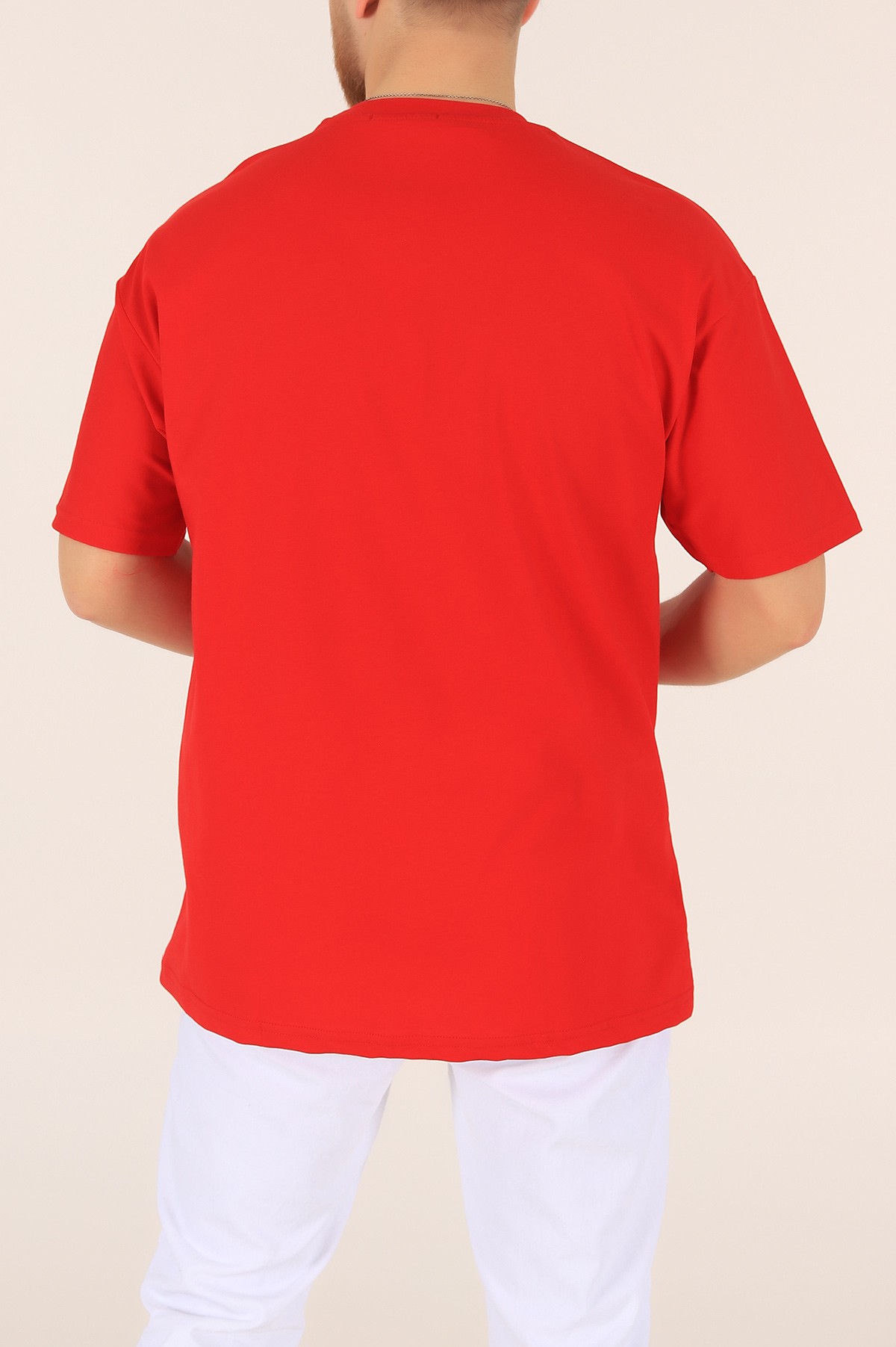 Kırmızı Bisiklet Yaka Oversize Erkek Tişört 169582