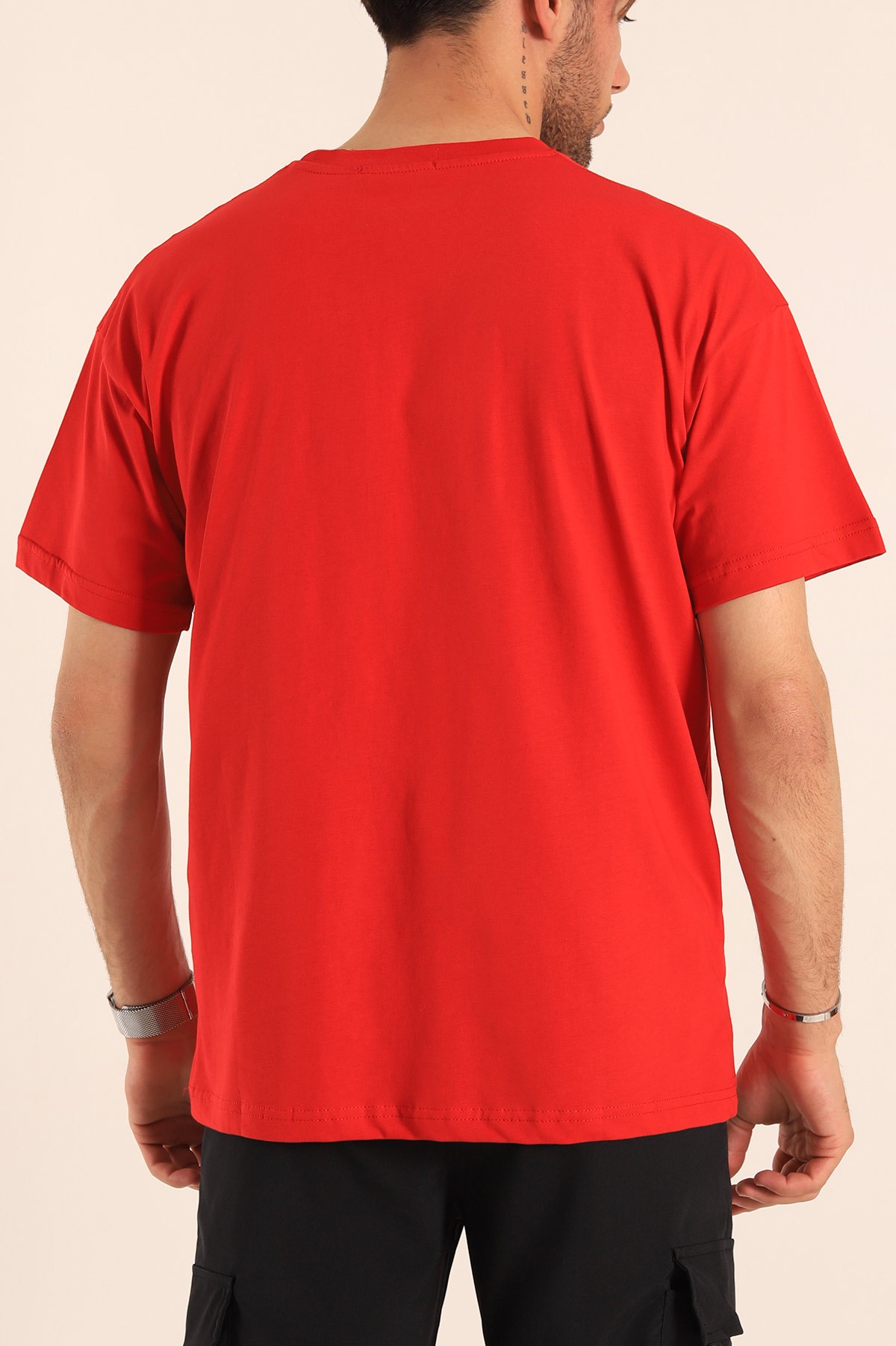 Kırmızı Bisiklet Yaka Oversize Erkek Tişört 184253