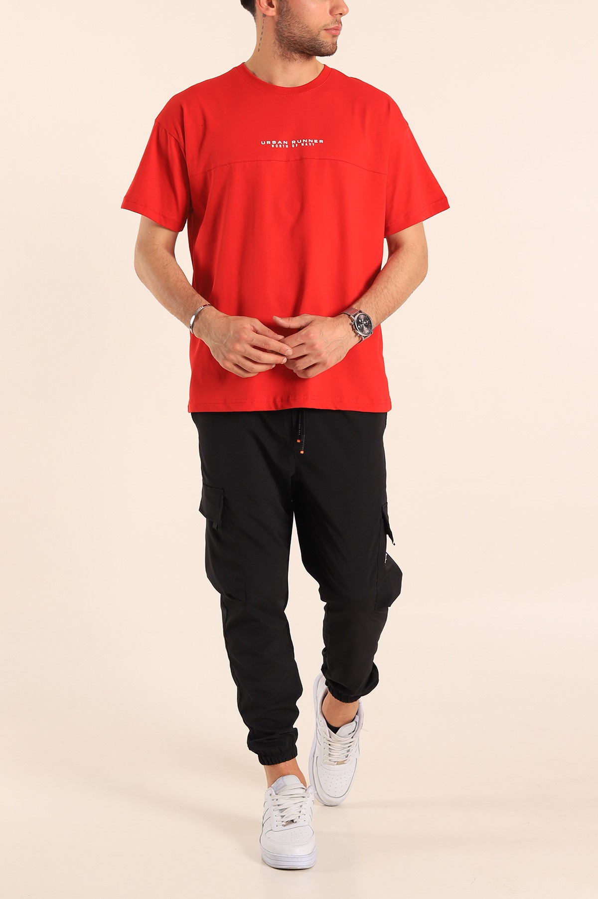 Kırmızı Bisiklet Yaka Oversize Erkek Tişört 184253