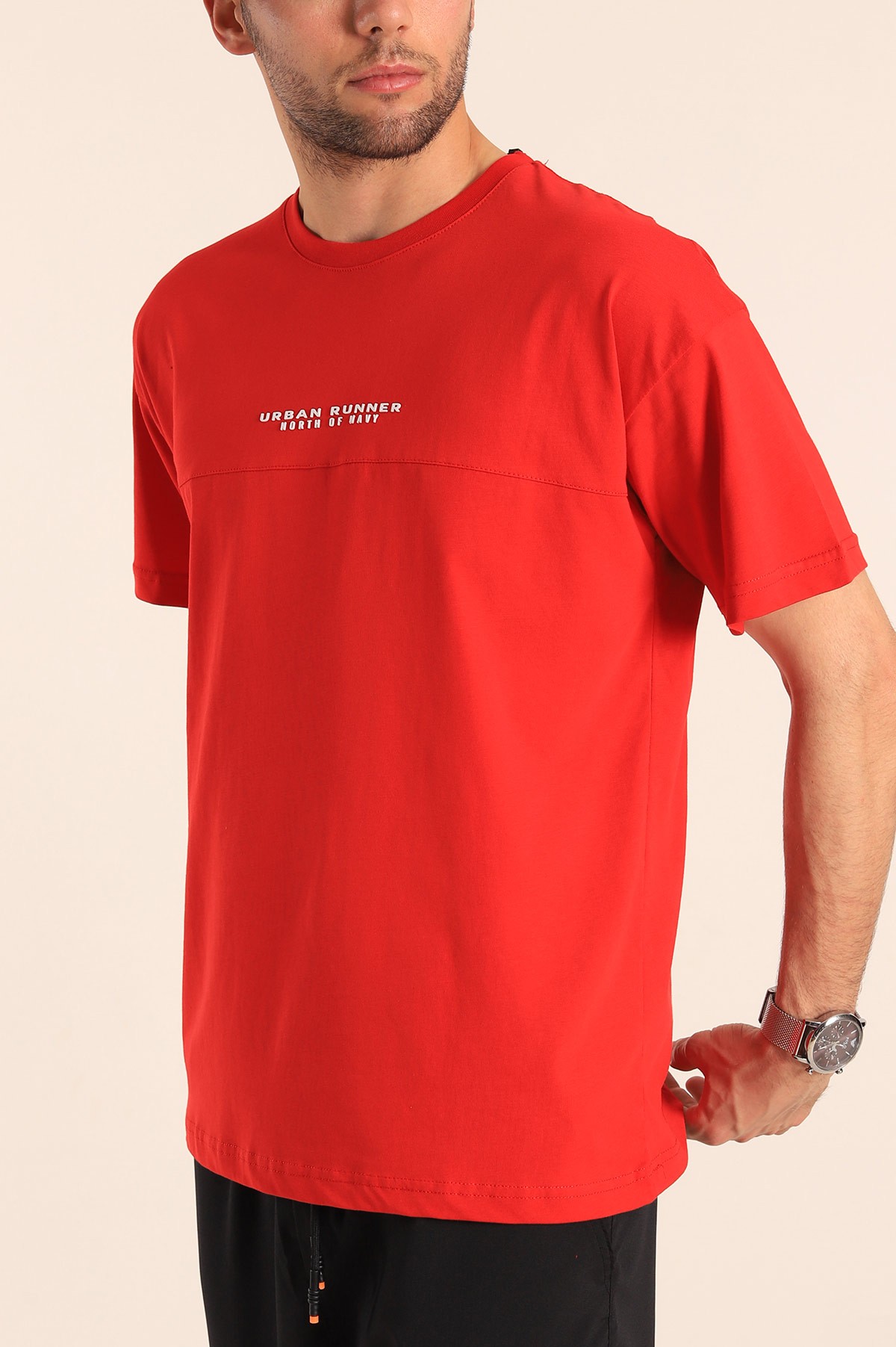 Kırmızı Bisiklet Yaka Oversize Erkek Tişört 184253