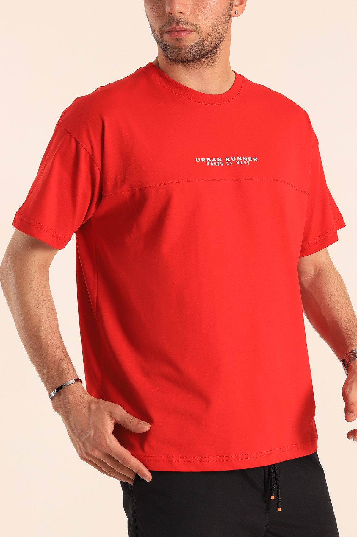 Kırmızı Bisiklet Yaka Oversize Erkek Tişört 184253
