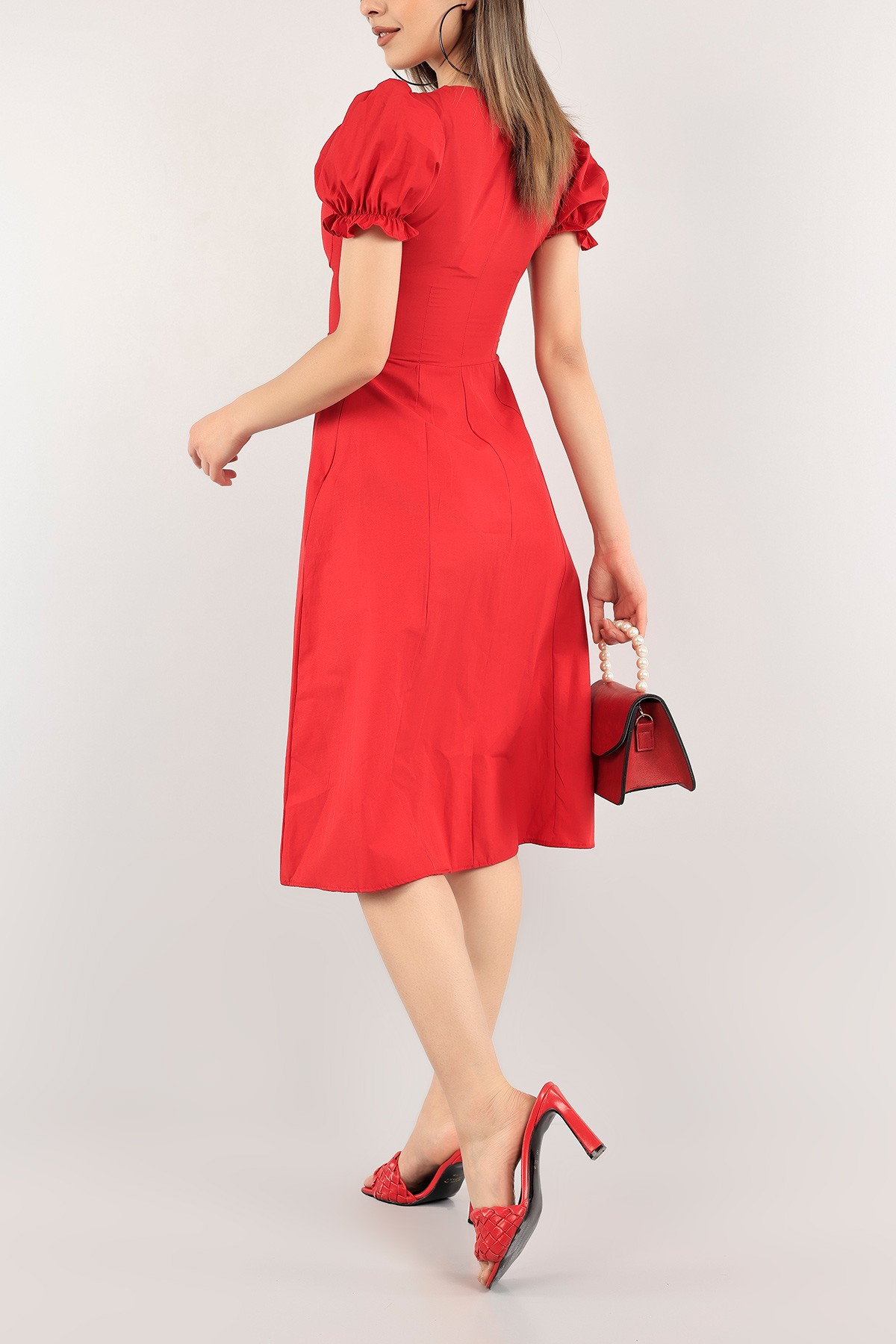 Kırmızı Boydan Düğmeli Büzgülü Poplin Elbise 113598