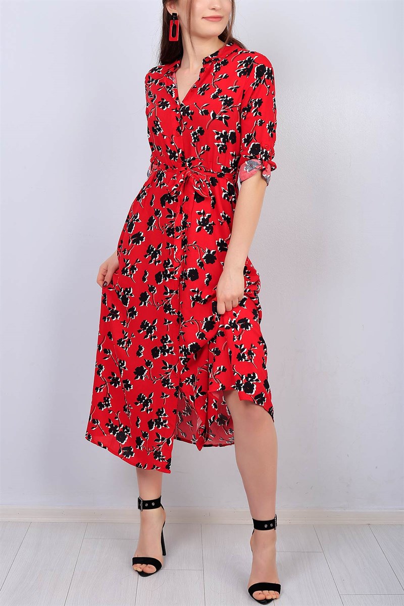 Kırmızı Boydan Düğmeli Desenli Bayan Elbise 14583B