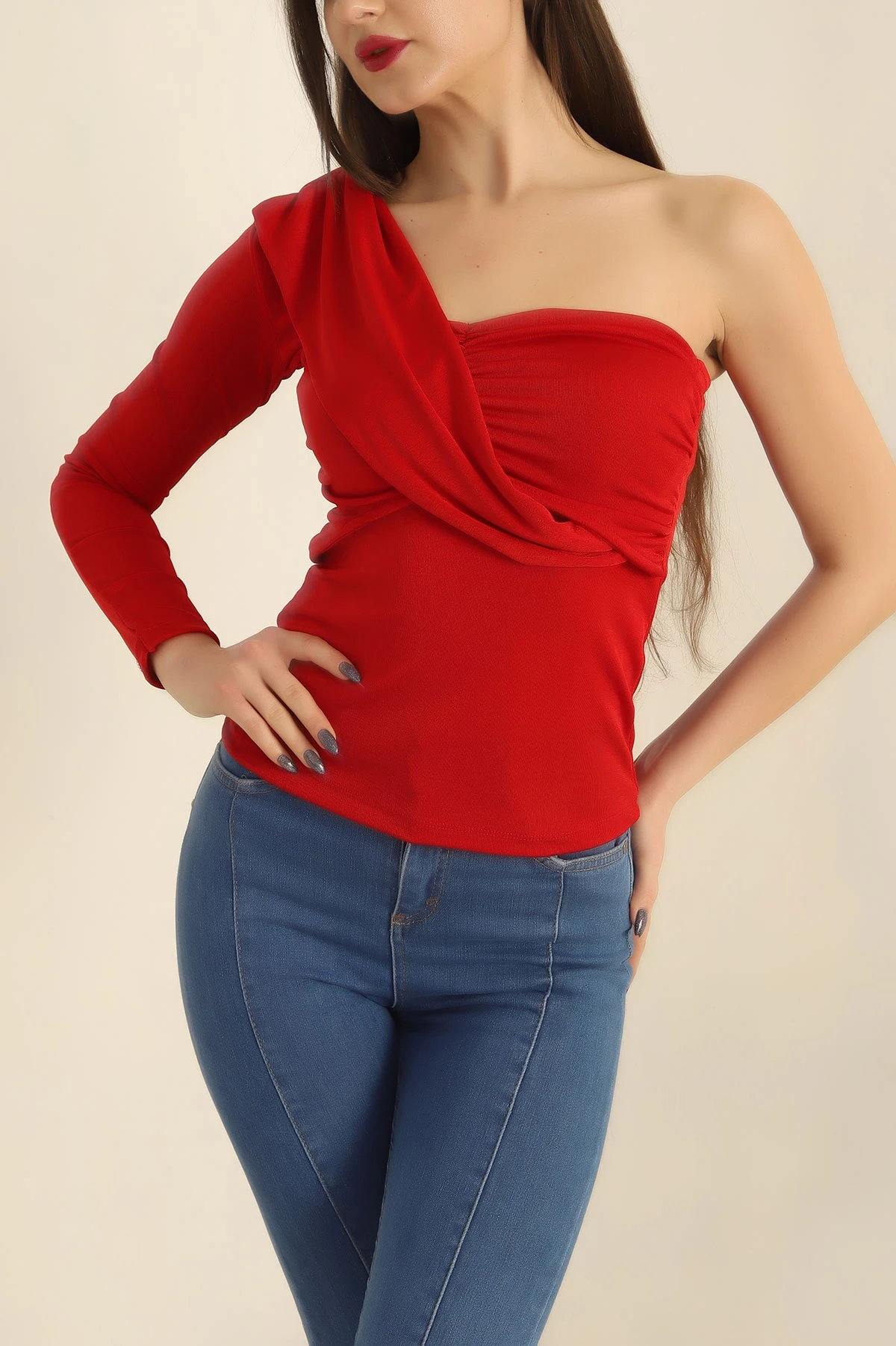 Kırmızı Büzgülü Buzzy Kumaş Bluz 250137