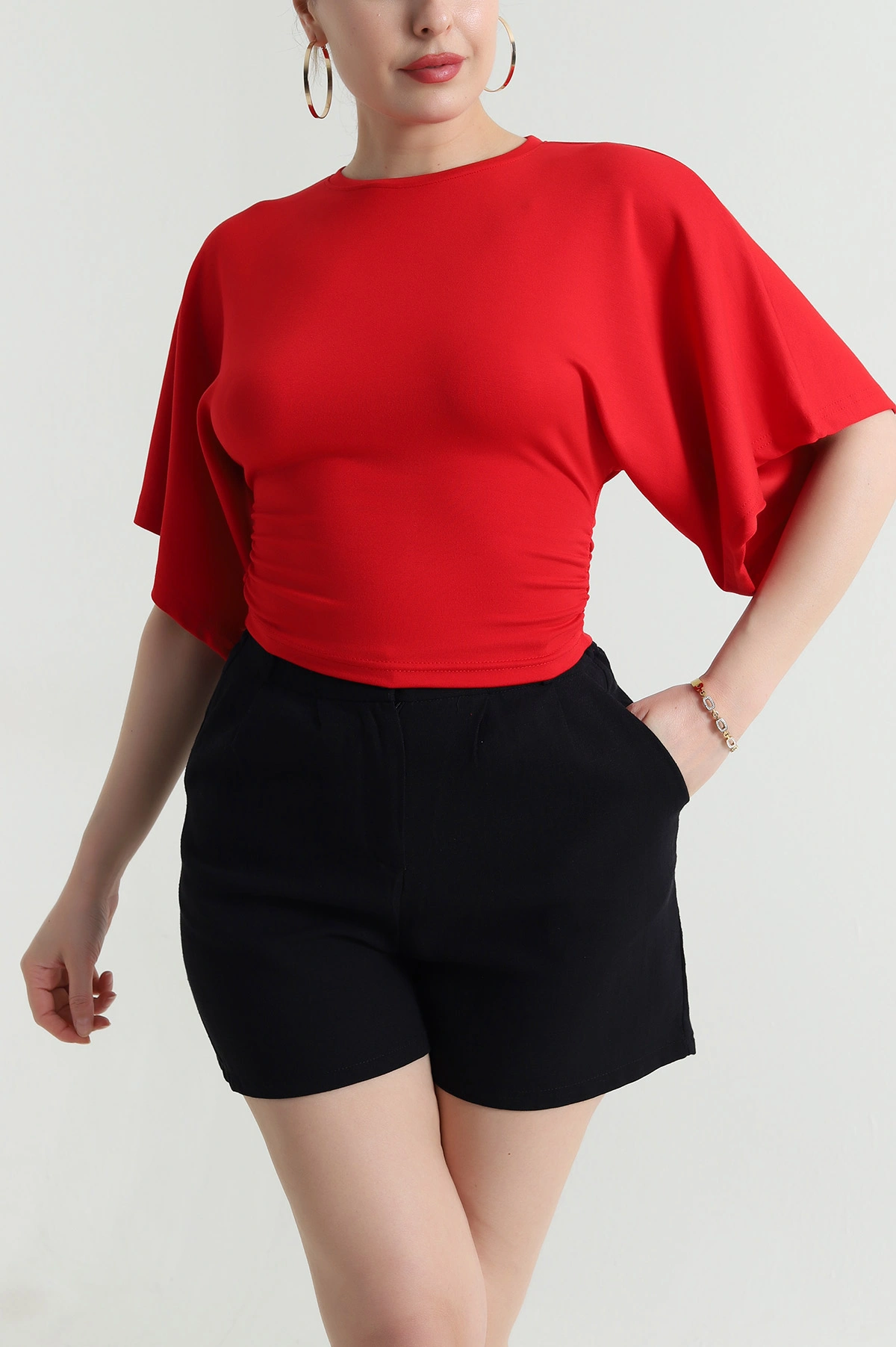 Kırmızı Büzgülü Crop Kadın Bluz 466224