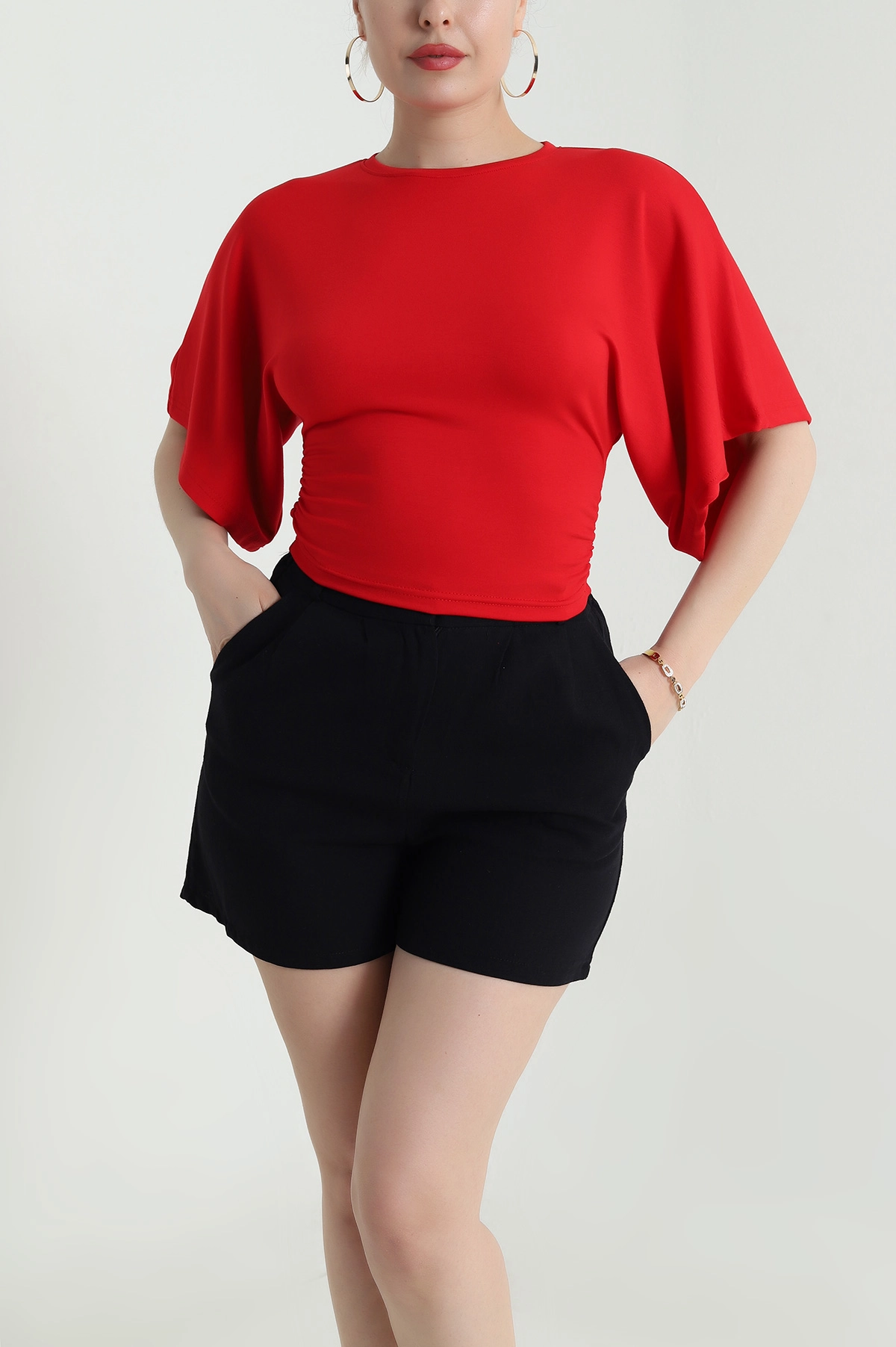 Kırmızı Büzgülü Crop Kadın Bluz 466224