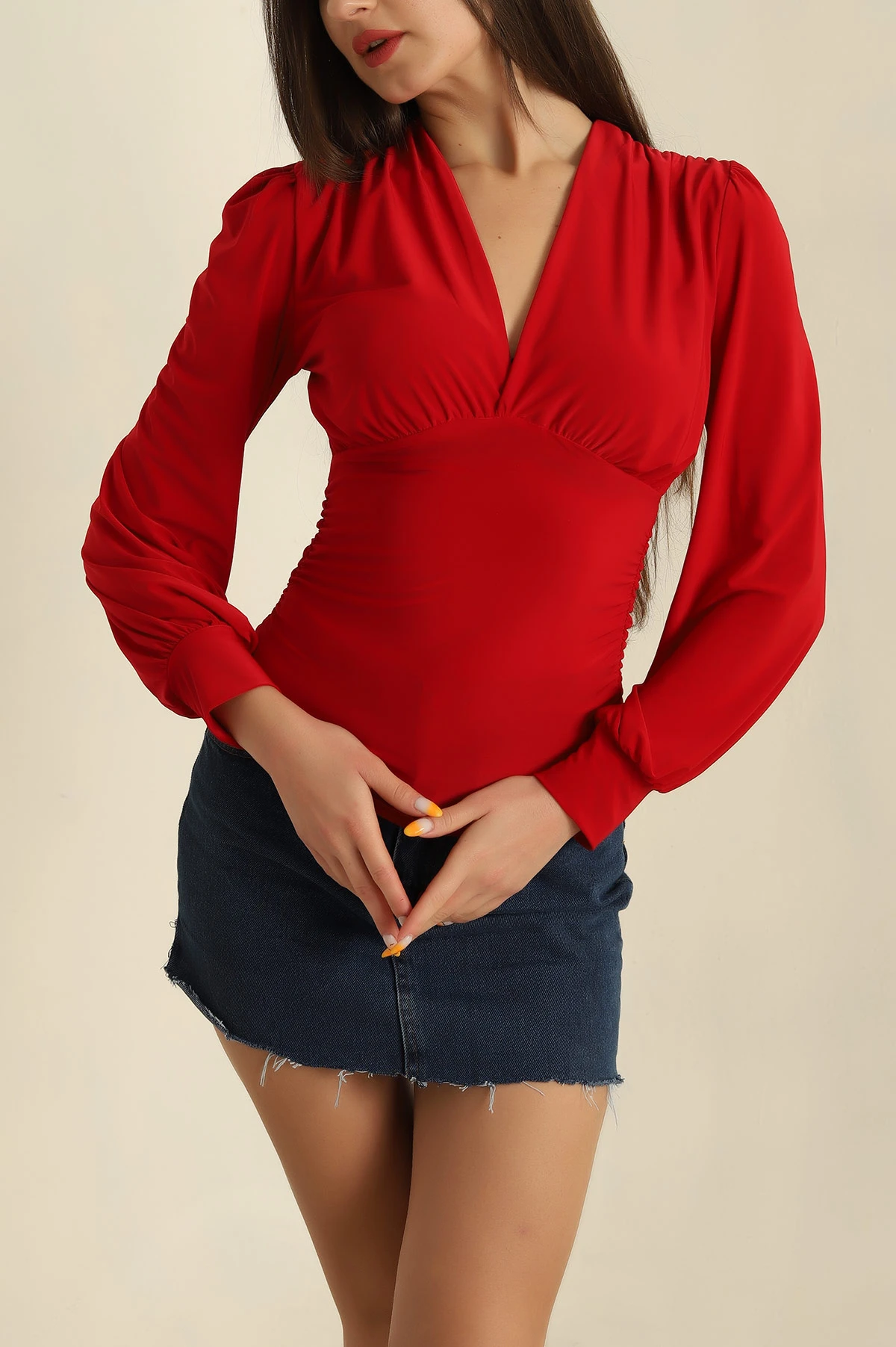 Kırmızı Büzgülü Sandy Kumaş Bluz 267056