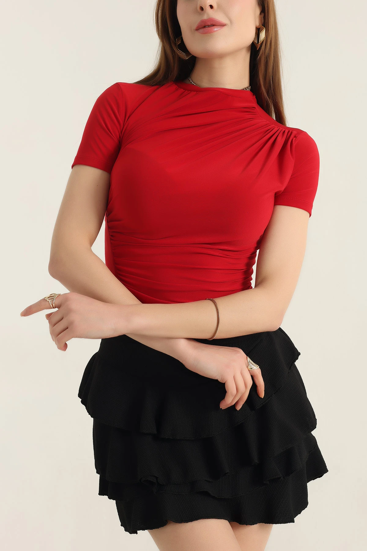 Kırmızı Büzgülü Sendy Kumaş Bluz 337554