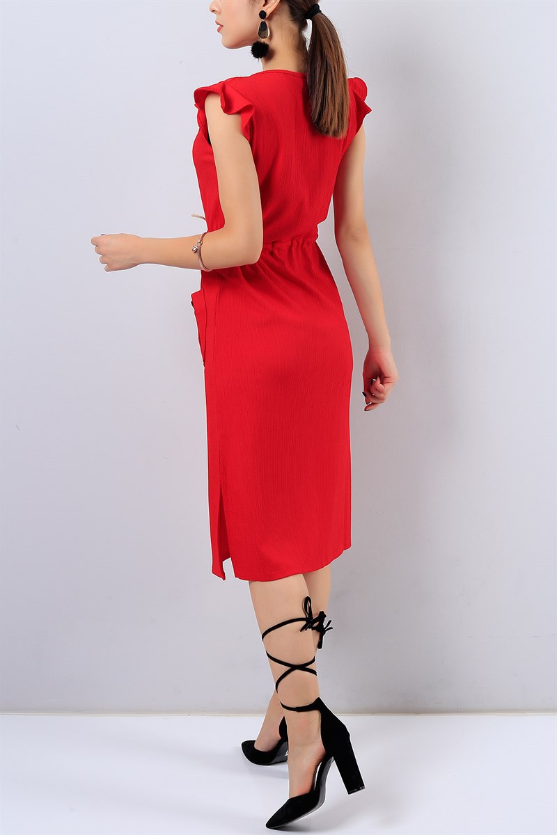 Kırmızı Cep Detaylı Yırtmaçlı Elbise 16238B