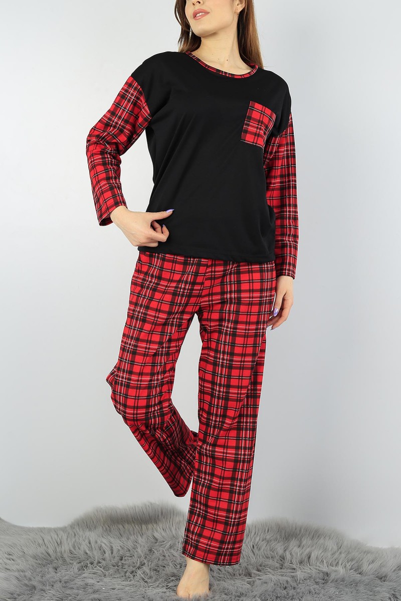 Kırmızı Cepli Desenli Bayan Pijama Takımı 55566