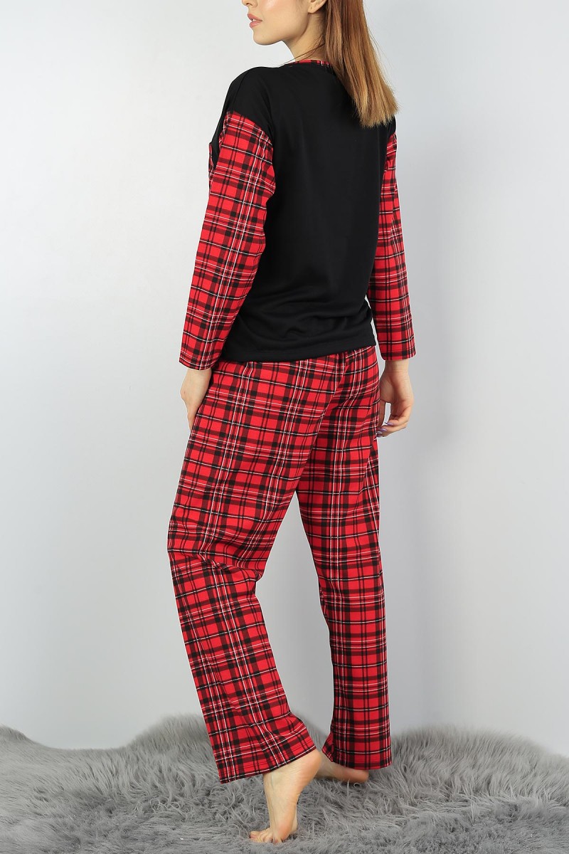 Kırmızı Cepli Desenli Bayan Pijama Takımı 55566