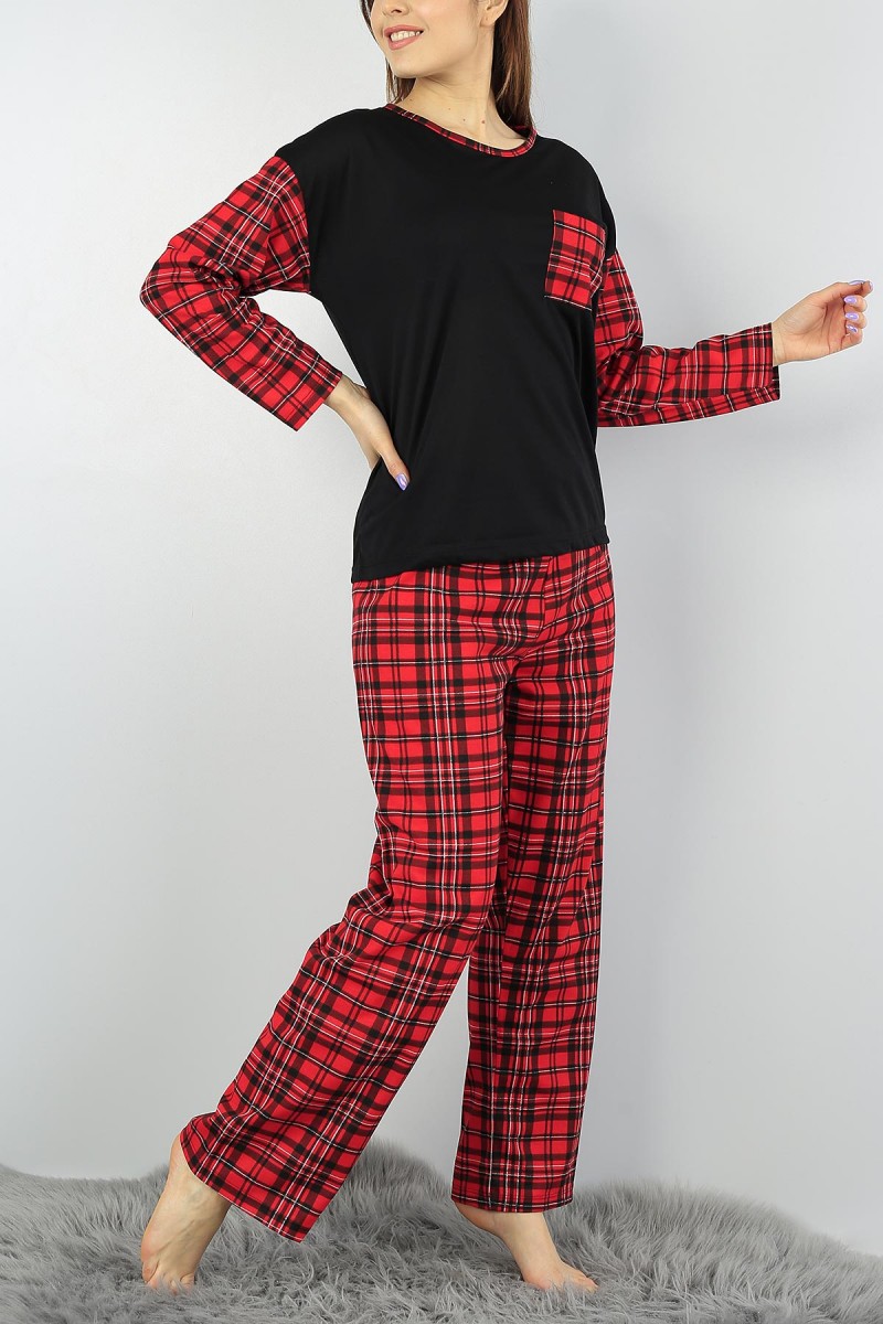 Kırmızı Cepli Desenli Bayan Pijama Takımı 55566