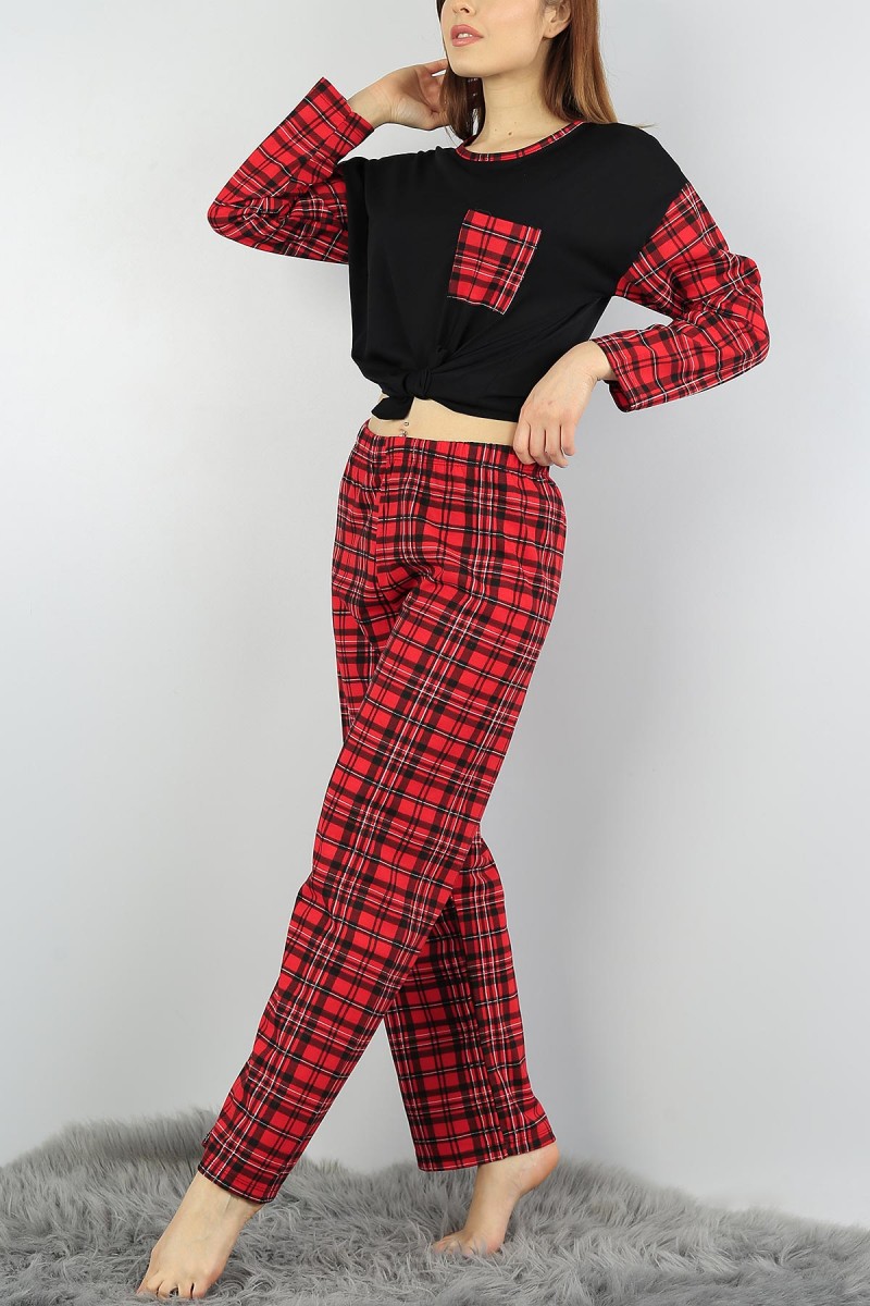 Kırmızı Cepli Desenli Bayan Pijama Takımı 55566