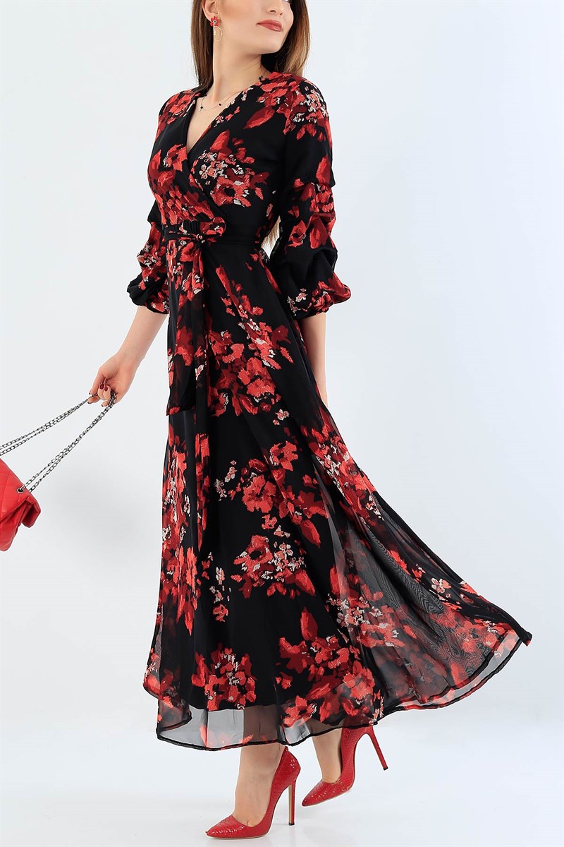 Kırmızı Çiçek Desenli Bayan Şifon Elbise19221B