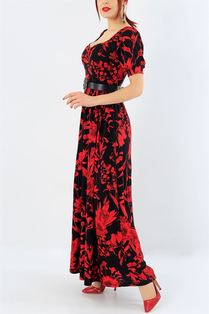 Kırmızı Çiçek Desenli Elbise 29802B