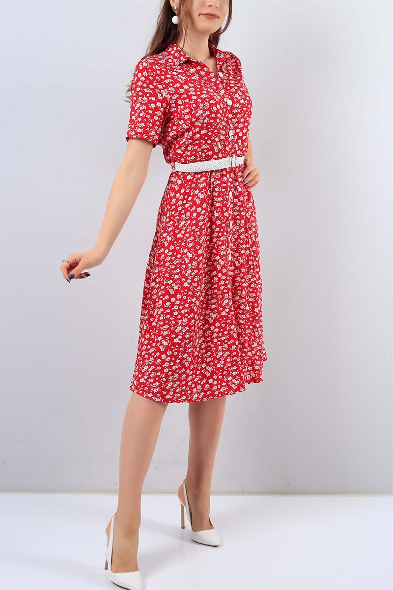 Kırmızı Çiçek Desenli Gömlek Elbise 16350B