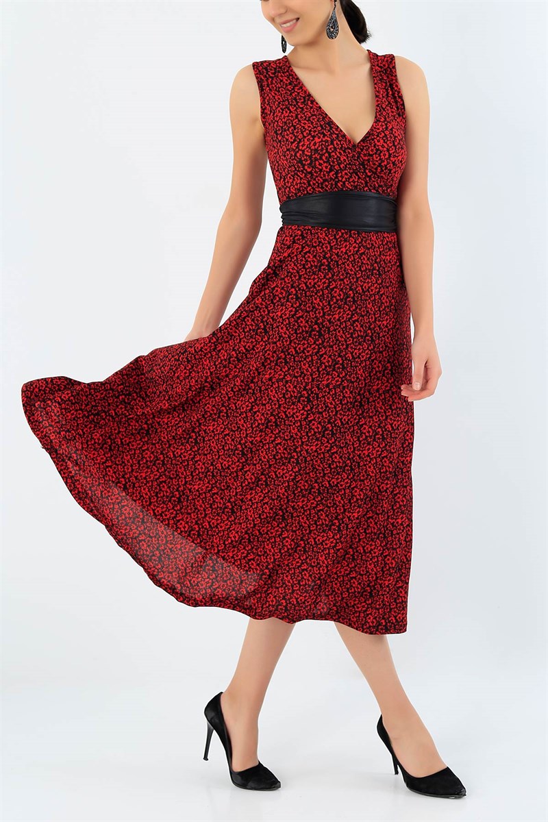 Kırmızı Çiçek Desenli Kruvaze Yaka Elbise 32690