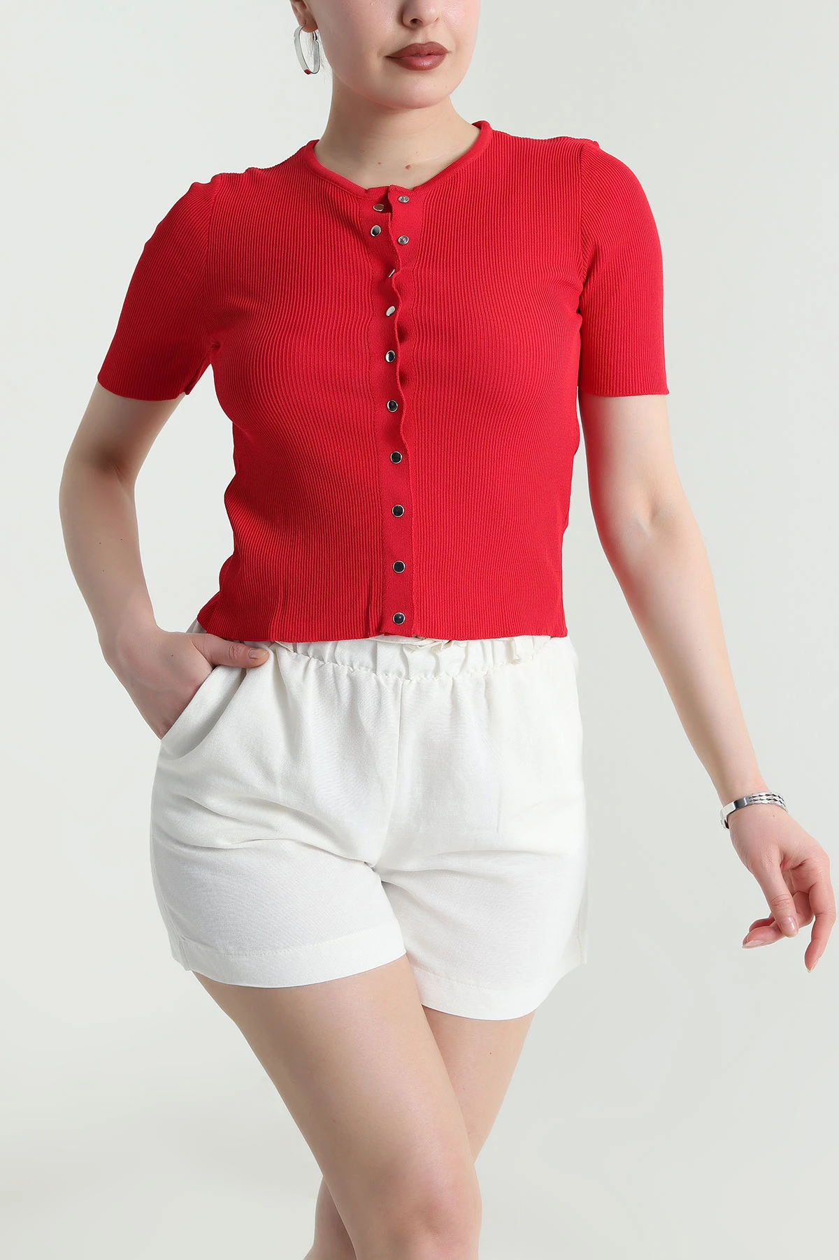 Kırmızı Çıt Çıtlı Fitilli Kadın Bluz 462411