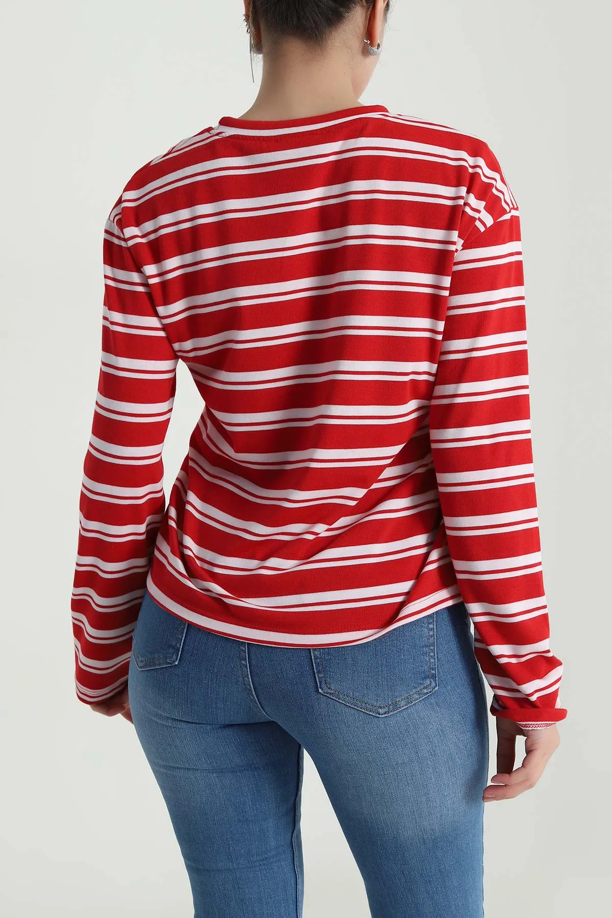 Kırmızı Çizgili Bisiklet Yaka Kadın Sweat 493744