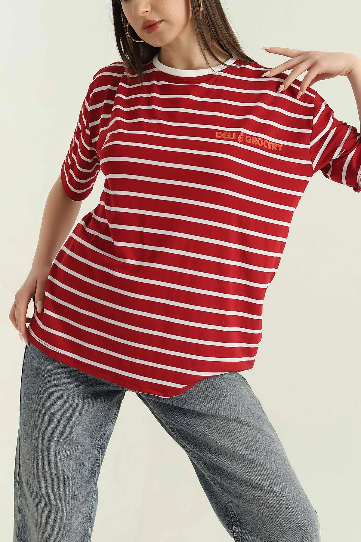 Kırmızı Çizgili Oversize Kadın Tişört 354283