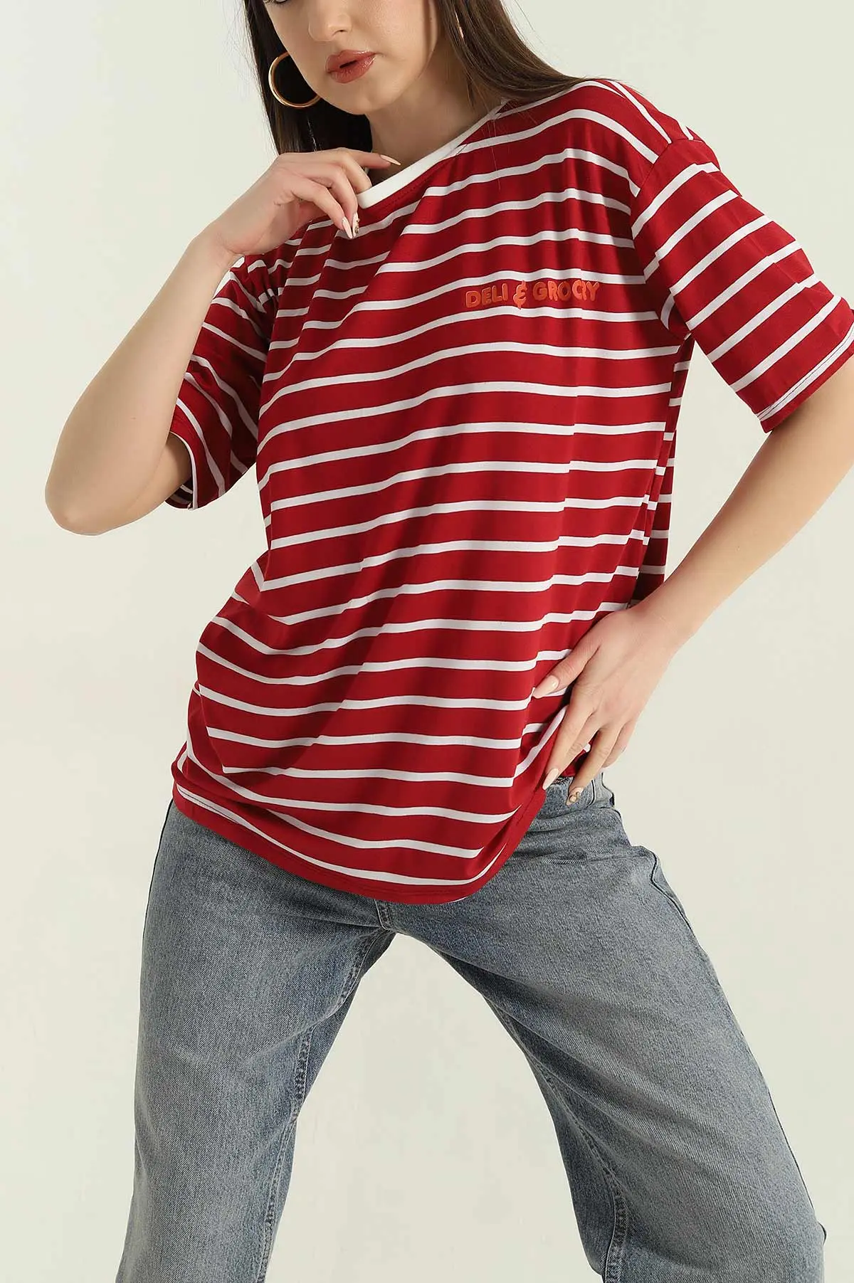 Kırmızı Çizgili Oversize Kadın Tişört 354283