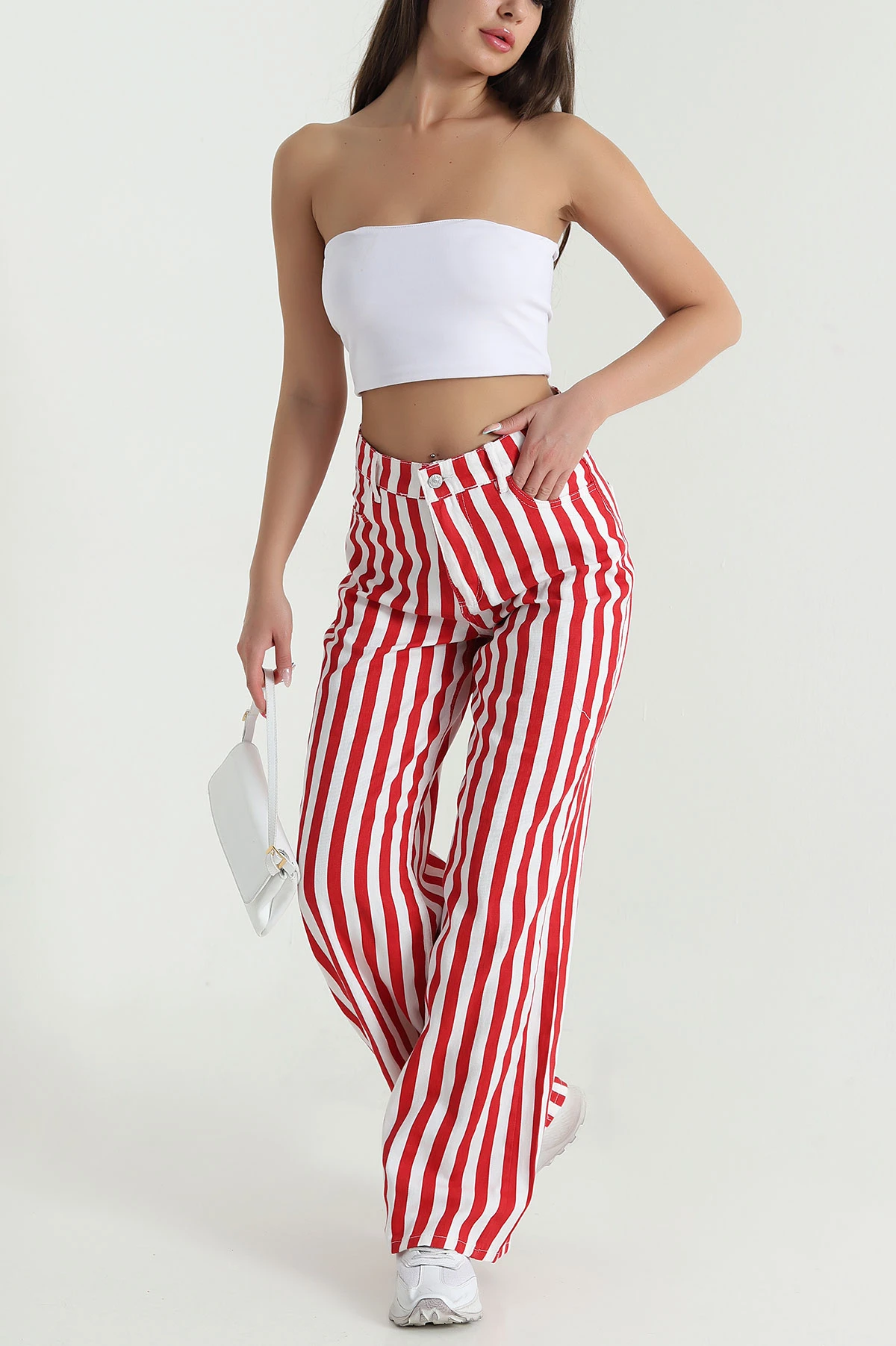 Kırmızı Çizgili Palazzo Denim Kadın Pantolon 469288