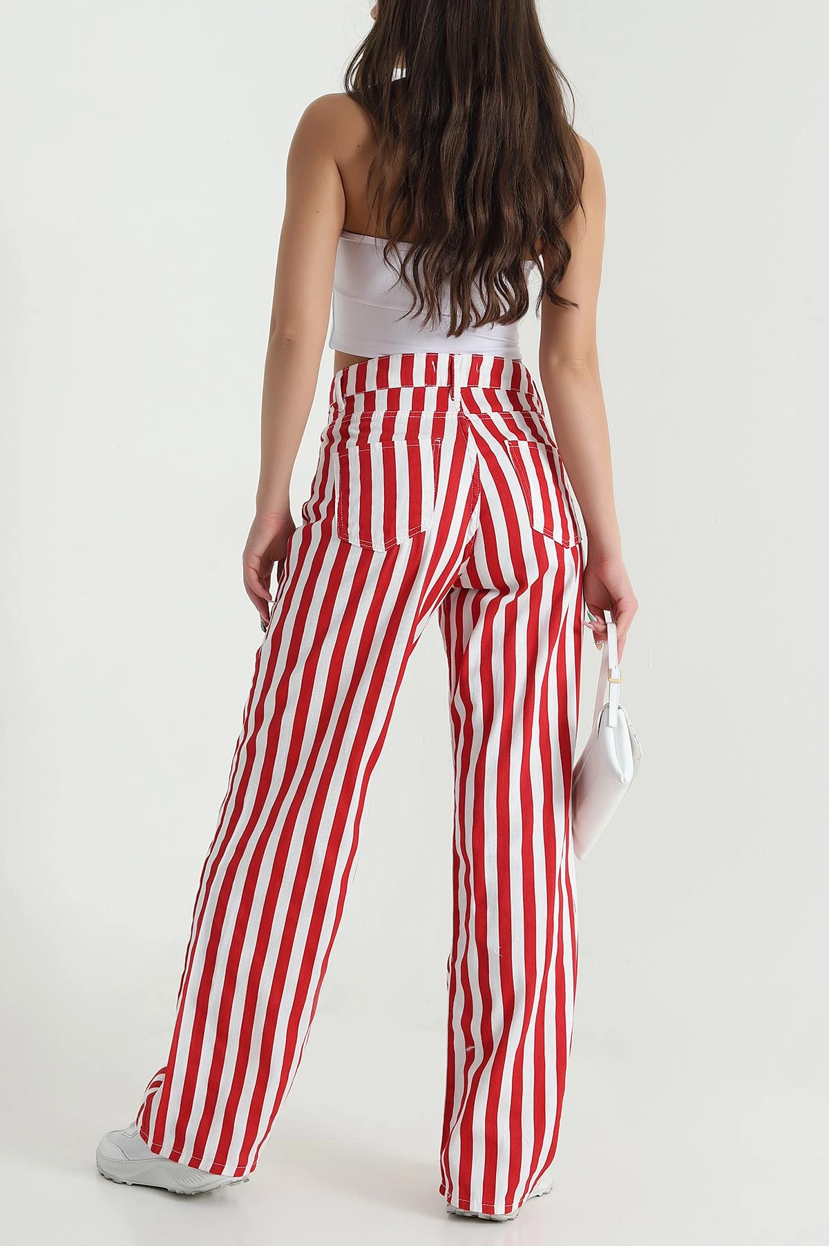 Kırmızı Çizgili Palazzo Denim Kadın Pantolon 469288