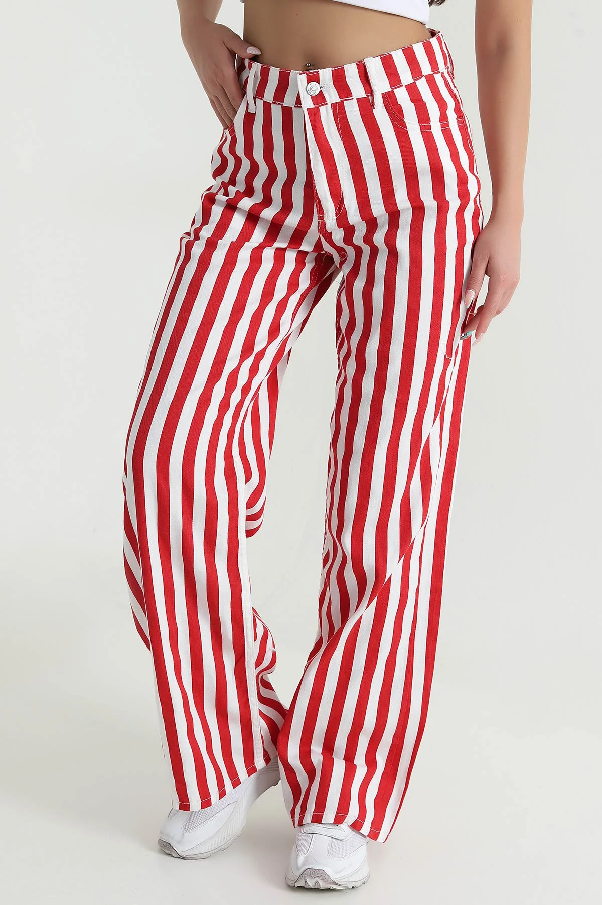 Kırmızı Çizgili Palazzo Denim Kadın Pantolon 469288