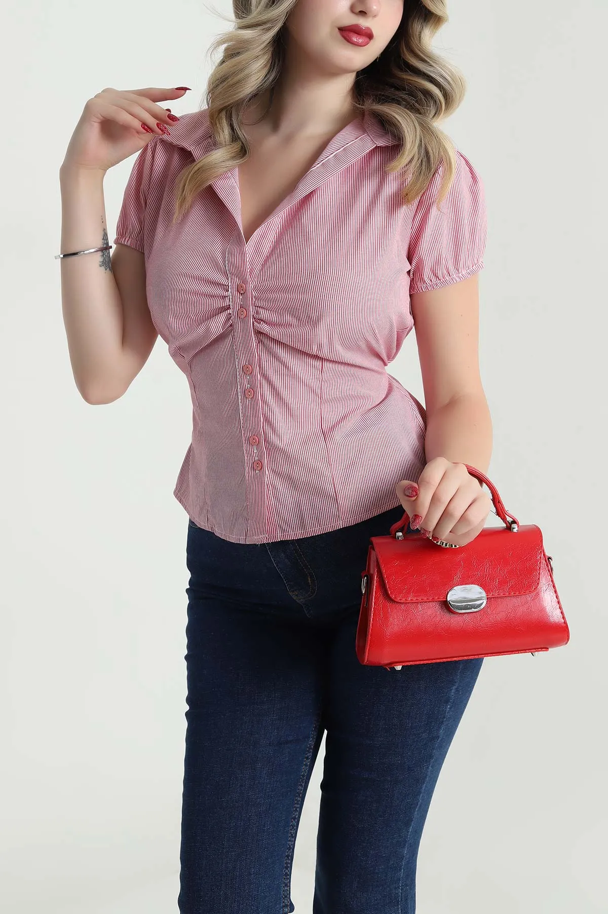 Kırmızı Çizgili Poplin Kadın Gömlek 481006