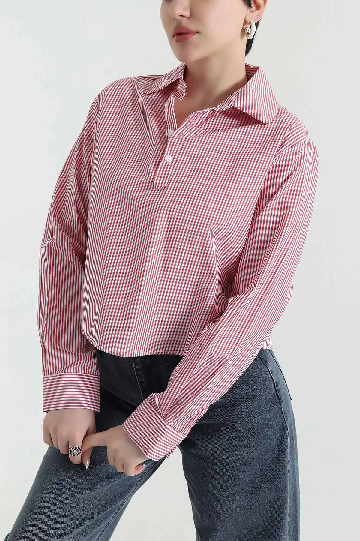 Kırmızı Çizgili Poplin Kadın Gömlek Bluz 445797