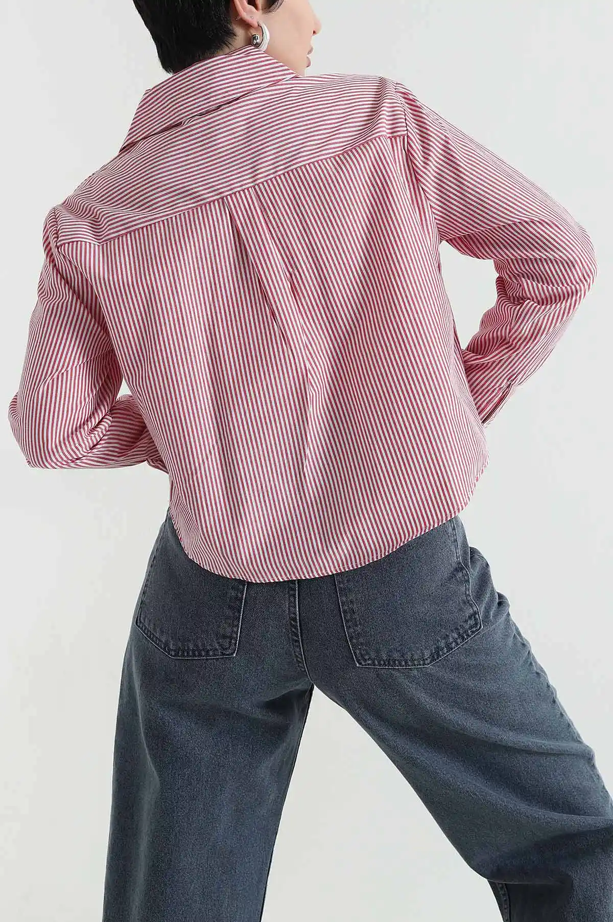 Kırmızı Çizgili Poplin Kadın Gömlek Bluz 445797