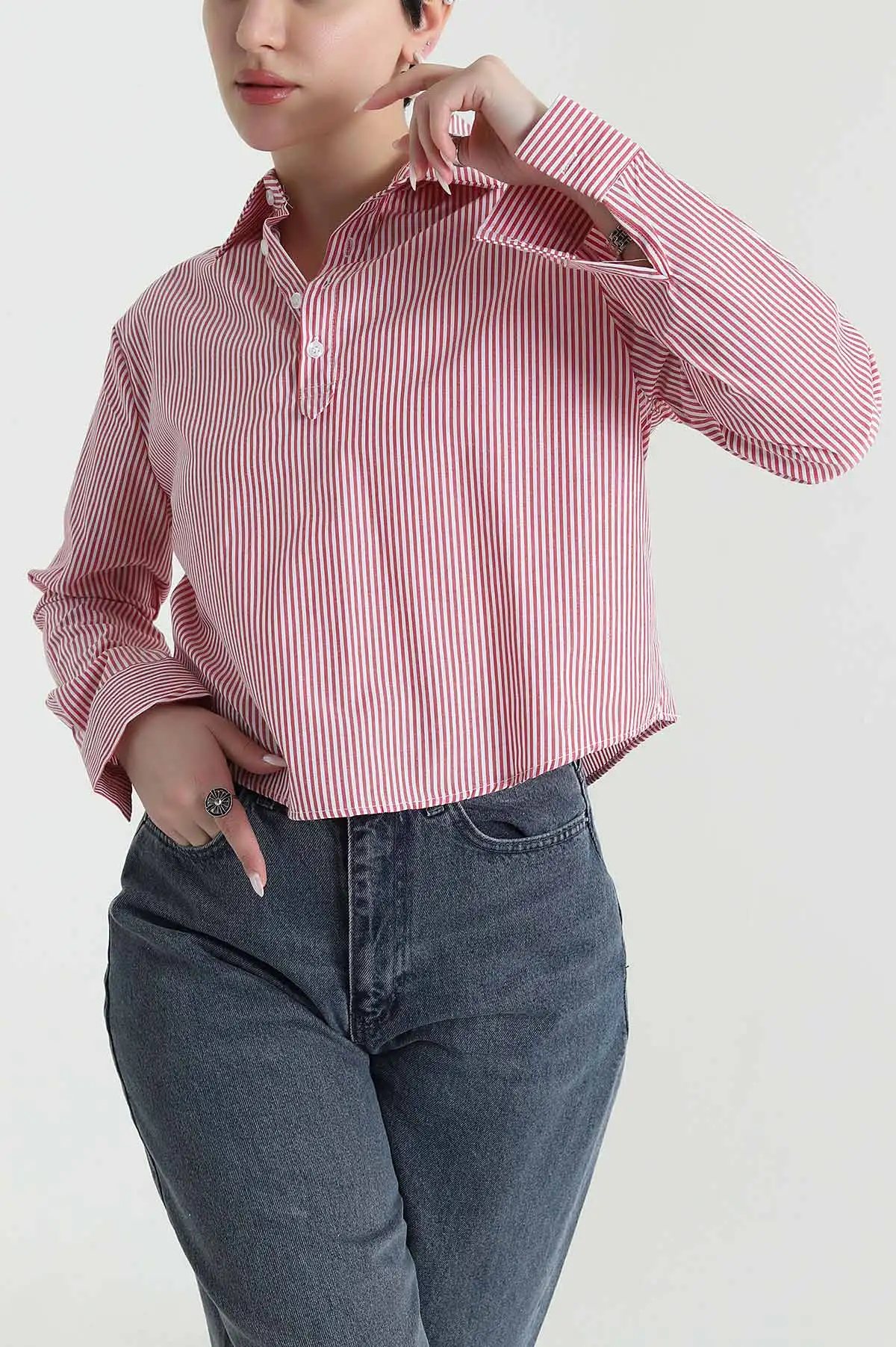 Kırmızı Çizgili Poplin Kadın Gömlek Bluz 445797
