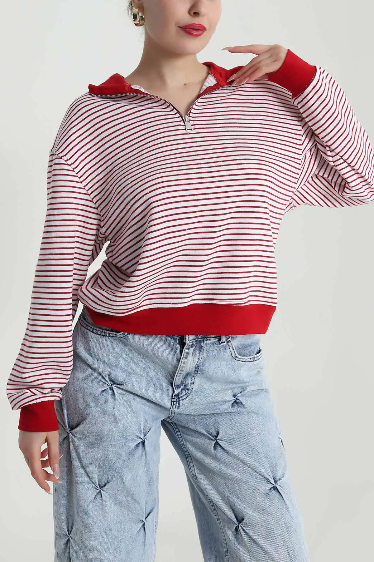 Kırmızı Çizgili Üç İp Kadın Sweat 491701