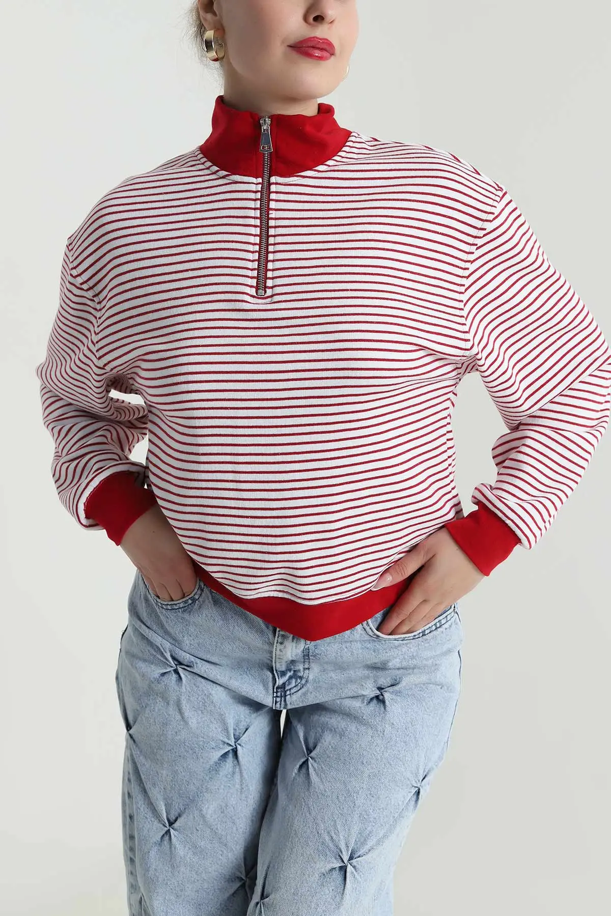 Kırmızı Çizgili Üç İp Kadın Sweat 491701