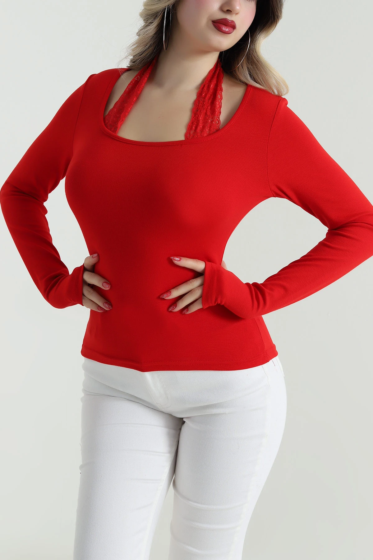 Kırmızı Dantelli Buzzy Kadın Bluz 497194